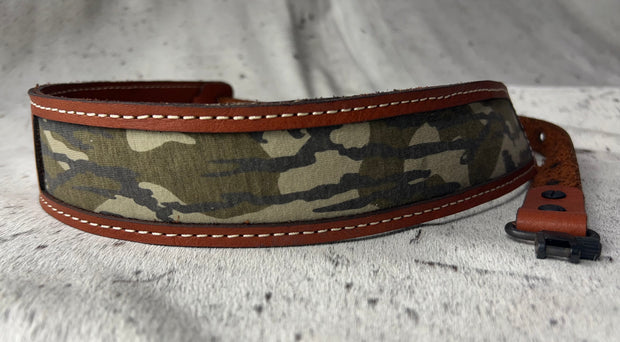 Adjustable Leather Gun sling with Mossy Oak Bottomland camo inlay