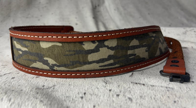 Adjustable Leather Gun sling with Mossy Oak Bottomland camo inlay (guitar strap style)