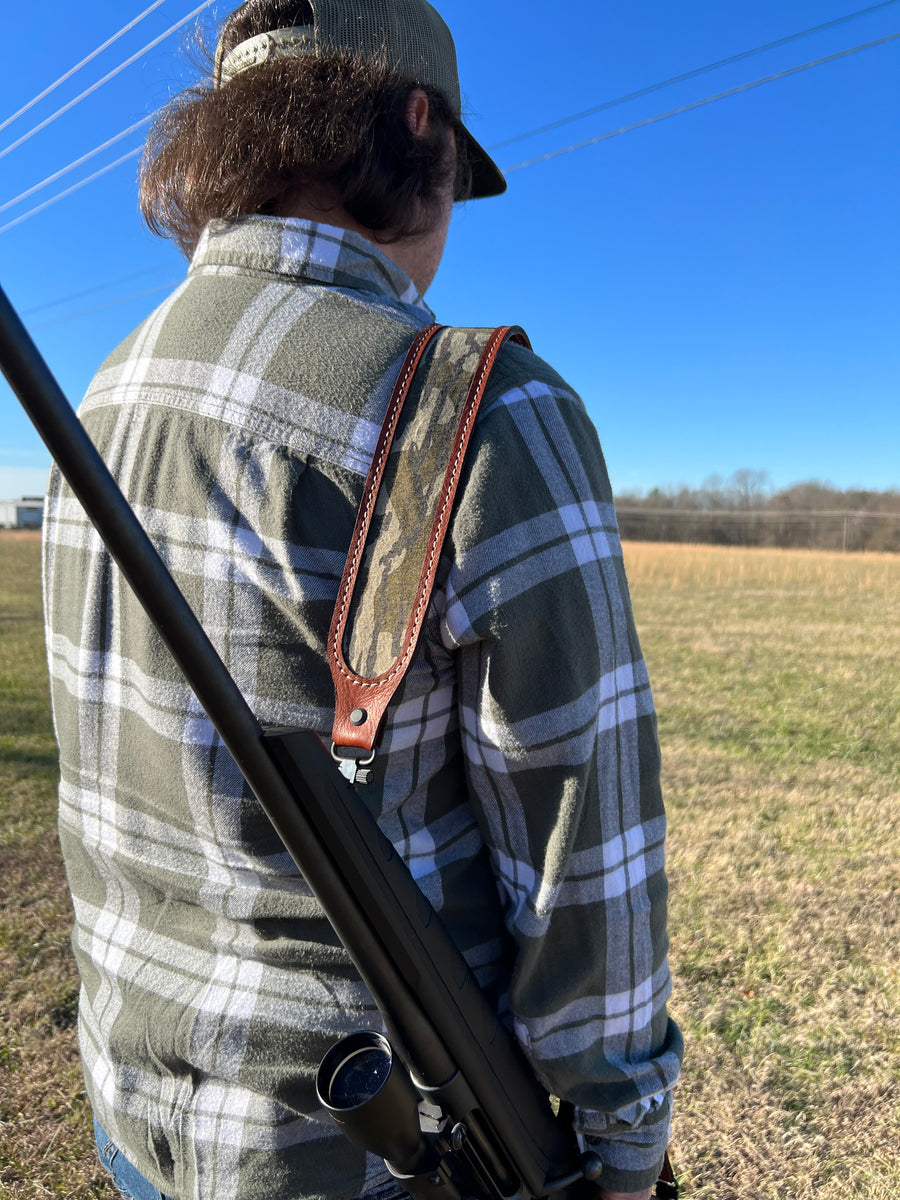 Adjustable Leather Gun Sling with Mossy Oak Bottomland Camo Inlay (Gui